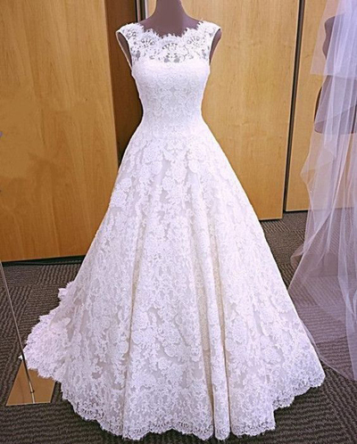 Elegant A Line Lace Open Back Wedding Dresses with Buttons