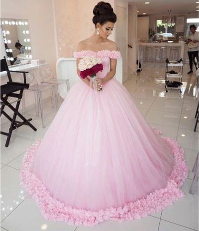 Gorgeous Ball Gown Off the Shoulder Pink Tulle Prom Dress with Handmade Flowers, Quinceanera Dress, Sweet 16 Dress