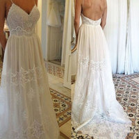 Boho Spaghetti Straps Long Beach Wedding Dresses - Thumbnail 1