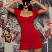 Slim Solid Color Short-Sleeved Red Dress - Thumbnail 1