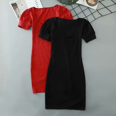Slim solid color short-sleeved red dress