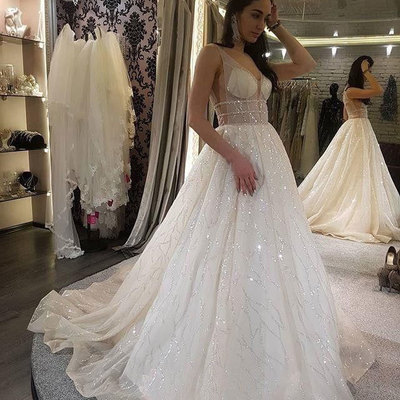 Sparkly v neck long wedding dresses bridal gowns