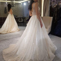 Sparkly V Neck Long Wedding Dresses Bridal Gowns - Thumbnail 1