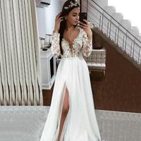 Elegant Boho Tulle White Wedding Dresses Long Sleeve Lace Appliques Side Slit Wedding Gowns 2020 - Thumbnail 1