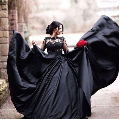 Long sleeves black wedding dresses with lace appliques - Thumbnail 5