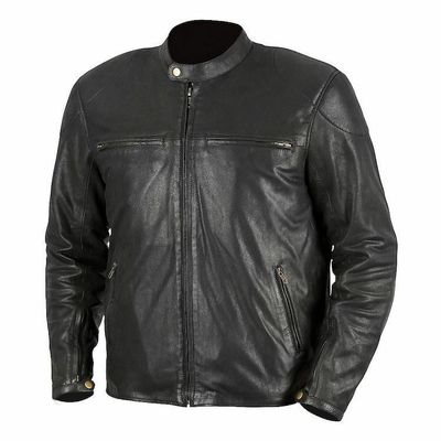 Men black color motorbike front zipper genuine real leather safety pads jacket