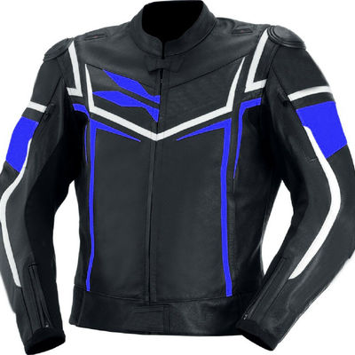 Men black motorcycle blue white lines racing genuine leather safety pads jacket