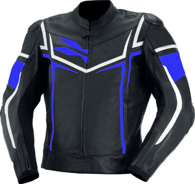Men Black Motorcycle Blue White Lines Racing Genuine Leather Safety Pads jacket