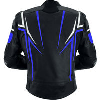 Men Black Motorcycle Blue White Lines Racing Genuine Leather Safety Pads jacket - Thumbnail 3