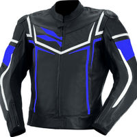 Men Black Motorcycle Blue White Lines Racing Genuine Leather Safety Pads jacket - Thumbnail 4