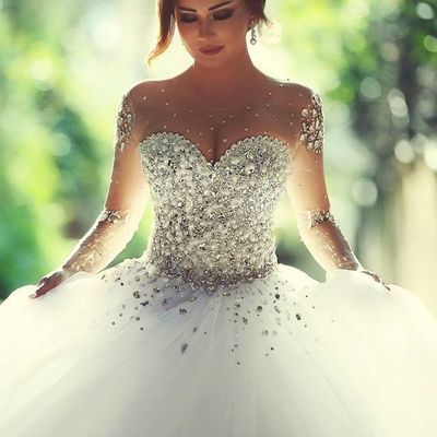 Luxury ball gown long sleeves wedding dresses with crystal beading 