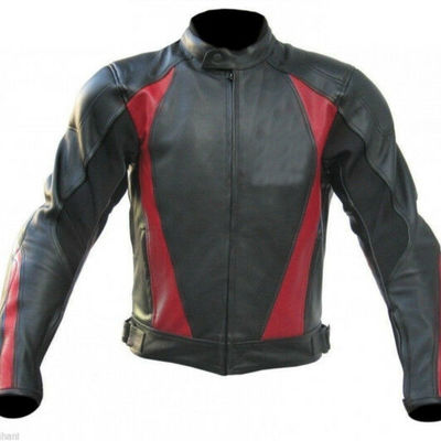 Men black red motor cycle custom genuine cowhide leather safety pads jacket