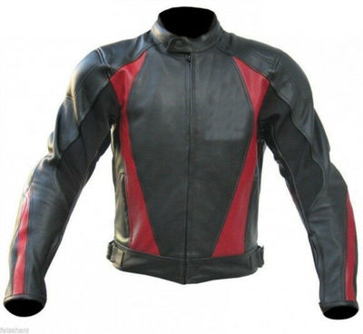 Men Black Red Motor Cycle Custom Genuine Cowhide Leather Safety Pads Jacket