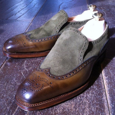 New decent brown grey brogue handmade moccasin party wear shoes in genuine leather for men