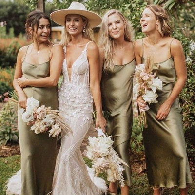 Spaghetti straps ankle length silk bridesmaid dresses - Thumbnail 4