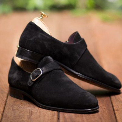 Stylish elegant handmade blackish beauty classic monk formal shoes in genuine suede for men