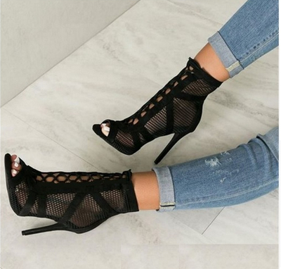 Black Suede Lace up Peep Toe Fashion Sandals F8756