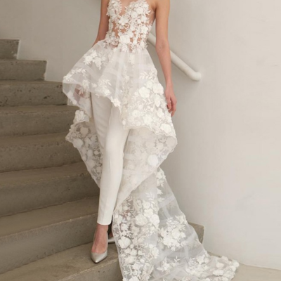 2020 fall two piece illusion round neck high-low wedding jumpsuit with appliques,491 - Thumbnail 5