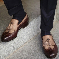 Handmade Men Fringe Tassels Moccasin Brown New Look Shoes In Genuine Leather Suede - Thumbnail 1