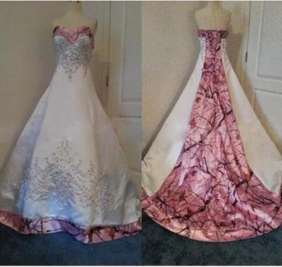 Designer Pink Camo Wedding Dresses 2018 Real Images Custom Made New Bridal Gowns Sweetheart Court Train Corset Satin A-line Wedding Gowns,494