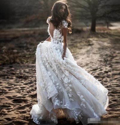 Chic Cap Sleeves V Neck Wedding Dresses with 3D Flowers