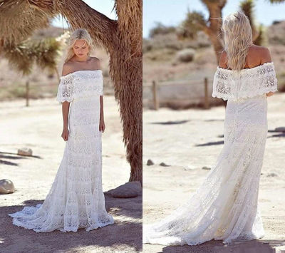2019 Lace Bohemian Wedding Dresses Off Shoulder Boho Hippie Bridal Wedding Gowns,497
