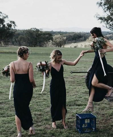 Spaghetti Straps Black Tea Length Bridesmaid Dresses