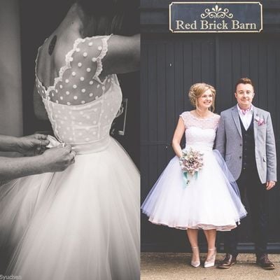 Short wedding dresses vintage 1950s polka dotted tea length beach bridal gowns,501