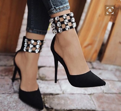 Black Pointed Toe Crystals Ankle Strap Pumps F8760