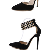 Black Pointed Toe Crystals Ankle Strap Pumps F8760 - Thumbnail 1