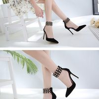 Black Pointed Toe Crystals Ankle Strap Pumps F8760 - Thumbnail 2