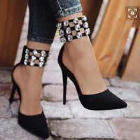 Black Pointed Toe Crystals Ankle Strap Pumps F8760 - Thumbnail 3