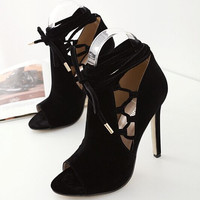 Sexy Black Lace up High Heels Peep toe Fashion Sandals F8775 - Thumbnail 1