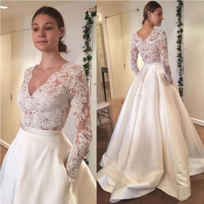 Vinatge V Neck Long Sleeves Wedding Dresses with Pockets