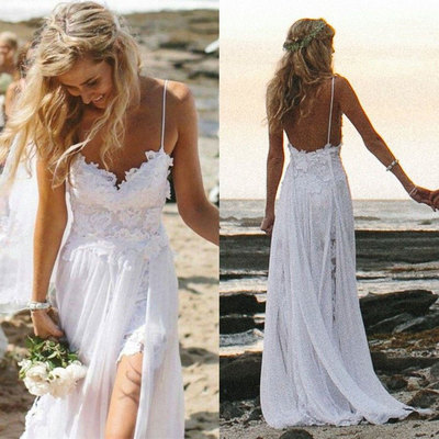 Perfect boho beach wedding dress a line spaghetti straps lace bodice chiffon skirt simple summer low back white wedding dress
