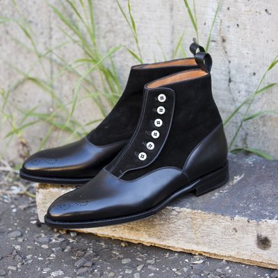 Handmade men's black brogue toe ankle high boots, men leather suede button boots - Thumbnail 4
