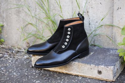 Handmade Men's Black Brogue Toe Ankle High Boots, Men Leather Suede Button Boots