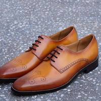 Handmade Men's Tan Leather Brogue Lace Up Dress Shoes, Men Formal Designer Shoes - Thumbnail 4