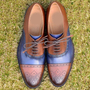 Handmade Men Brown Blue Leather Cap Toe Brogue Shoes, Men Formal Designer Shoes-4