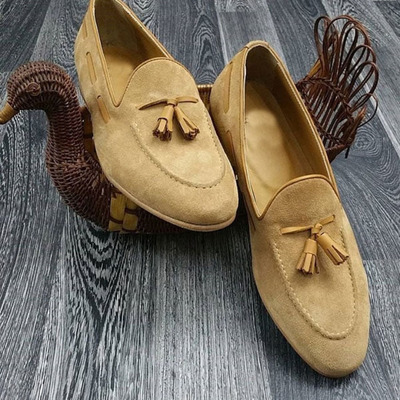 Handmade beige suede party & dress loafers, men's fashion moccasin tussles shoes