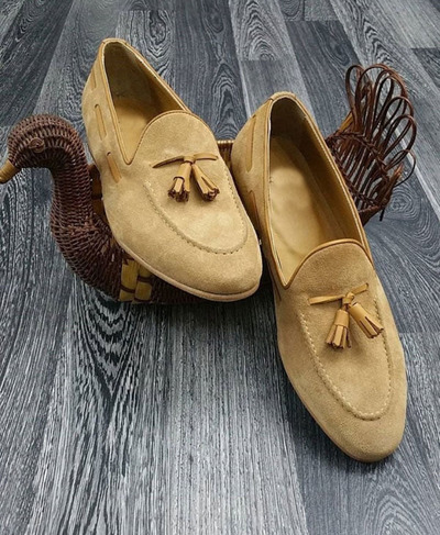 Handmade Beige Suede Party & Dress Loafers, Men's Fashion Moccasin Tussles Shoes