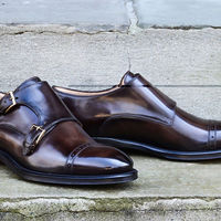 New Men's Handmade Chocolate Brown Leather Double Monk Strap Dress Fashion Shoes - Thumbnail 1