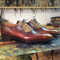 Men's Handmade Beige & Brown Brogue Leather & Suede Formal Dress Fashion Shoes - Thumbnail 4