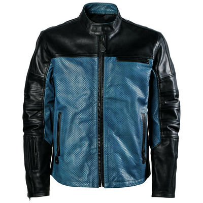 Perforated Men Black Blue Cont Motor Bike Genuine Leather Safety Pads jacket