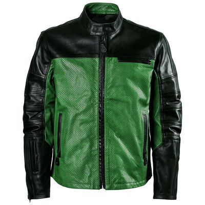 Perforated Men Black Green Cont Motorbike Genuine Real Leather Safety Pad jacket