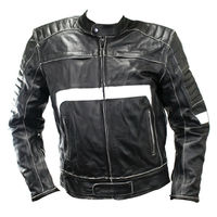 New Men's Black Motorcycle Racing Leather Padded White Striped Handmade Jacket - Thumbnail 4