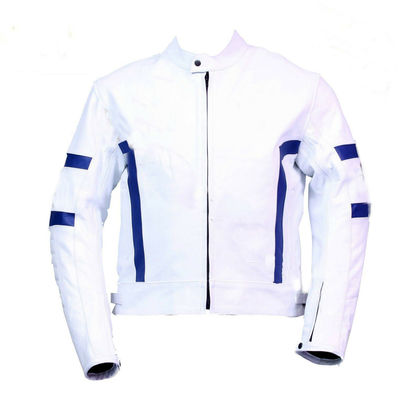 Men's white color biker blue stripes padded genuine leather safety pads jacket