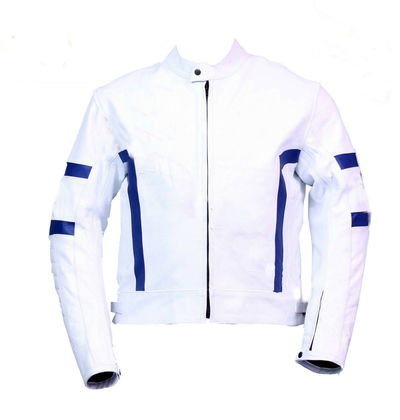 Men's White Color Biker Blue Stripes Padded Genuine Leather Safety Pads Jacket