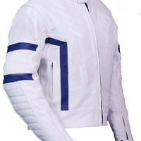 Men's White Color Biker Blue Stripes Padded Genuine Leather Safety Pads Jacket - Thumbnail 1