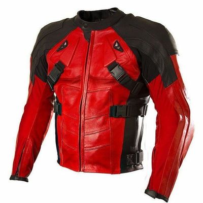 Men's red black motor biker cowhide custom genuine leather safety pads jacket